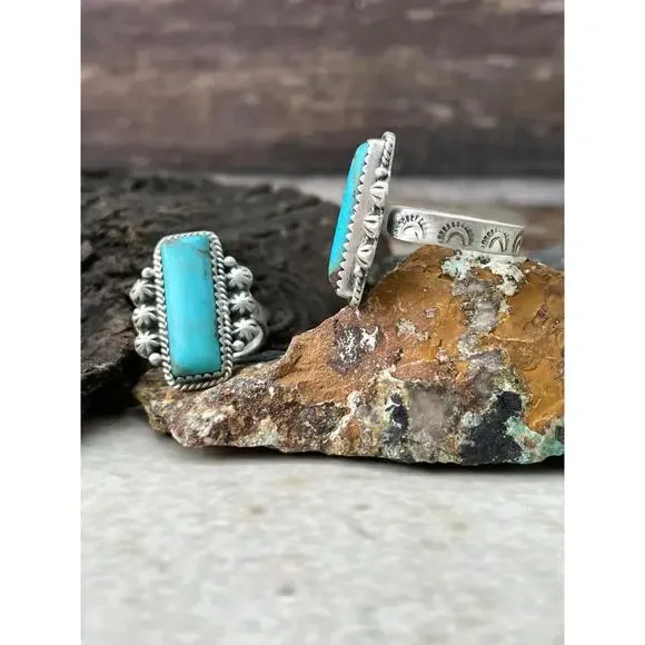 Handmade Sterling Silver Blue Turquoise Adjustable Ring "Signed Nizhoni" - Picture 4 of 5